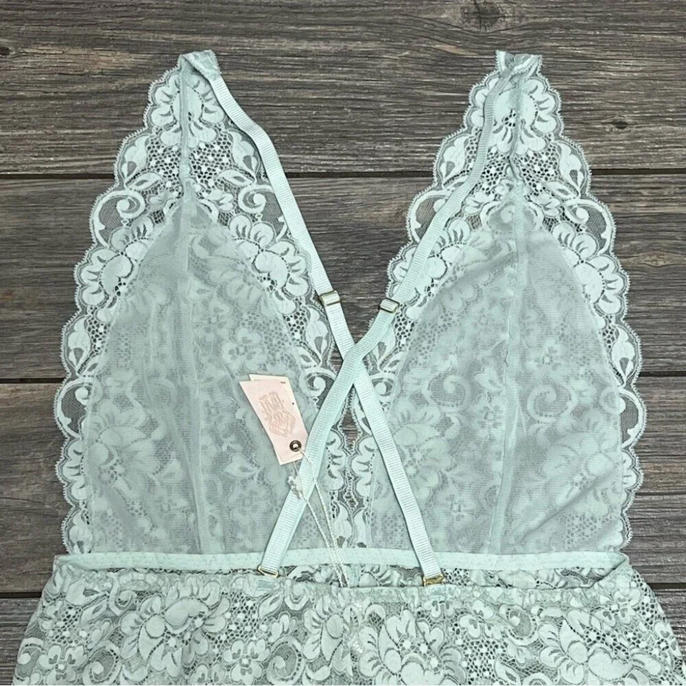 NWT Free People X HAH Comin in Haht Lace Bodysuit Small Something Blue Bride
